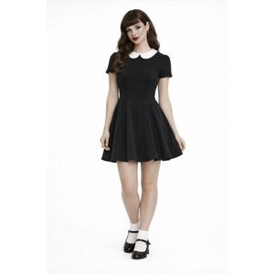 Hemet Pinup Dress L Black Flared White Collar Retro School Girl Wednesday Addams